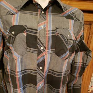 Wrangler Mens Cowboy Cut Shirt Size 17.5 x36 Plaid Pearl Snap Front X-Long Tails